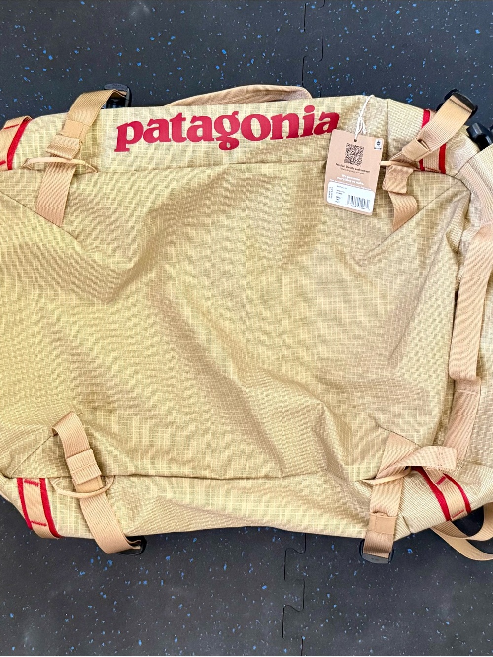 Patagonia tan backpack with red logo